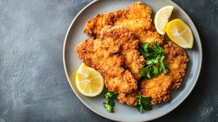 Enjoy a plate of crispy breaded chicken fillets, perfectly golden and garnished with fresh lemon and herbs, ideal for any meal or gathering.の素材