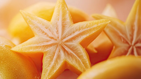 Close-up shot of sliced star fruit highlighting its unique star shape and bright yellow color, ideal for showcasing fresh and healthy food options.の素材
