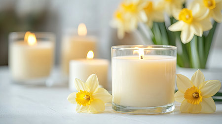 A serene scene featuring glowing candles and vibrant daffodils. This composition enhances any space with warmth and brightness, ideal for springtime decor.の素材