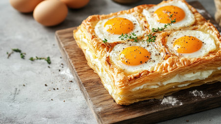 A beautifully arranged dish with flaky puff pastry topped with fresh eggs and creamy filling. Perfect for breakfast, brunch, or any meal occasion.の素材