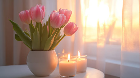 A serene scene featuring elegant pink tulips in a white vase beside glowing candles. Warm sunset light filters through curtains, creating a tranquil atmosphere.の素材