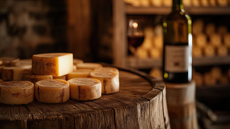 A charming display of various cheeses on a rustic wooden barrel, accompanied by a bottle of red wine, evokes a warm and inviting atmosphere in a wine cellar.の素材