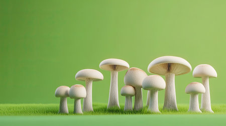 A serene composition of white mushrooms growing on a lush green grass background. This image illustrates the beauty of nature and the simplicity of life.の素材