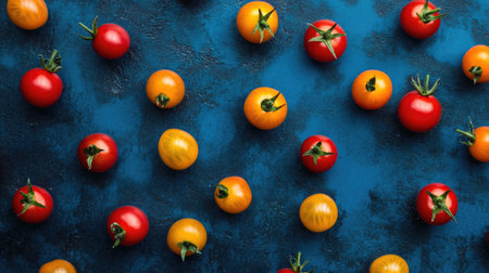 A vibrant arrangement of fresh cherry tomatoes in red and yellow hues on a textured blue background, perfect for culinary or lifestyle projects highlighting healthy eating and farm-fresh produce.の素材