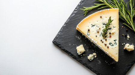 A gourmet slice of blue cheese beautifully presented on a black slate board, accented with fresh rosemary and black pepper. Perfect for culinary enthusiasts.の素材