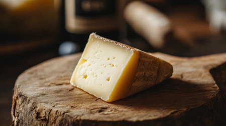 A piece of fresh artisan cheese placed on a rustic wooden board. The natural lighting highlights its creamy texture and enticing color, perfect for culinary displays.の素材