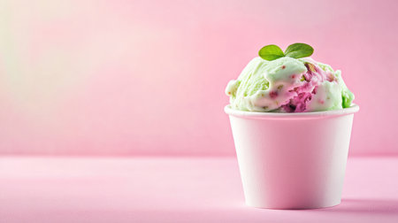 A vibrant scoop of mint ice cream sits in a white cup against a soft pink background, illustrating a delightful and refreshing summer treat perfect for dessert lovers.の素材