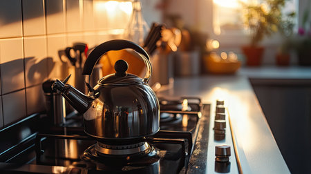 A beautifully designed silver kettle rests on a gas stove, illuminated by warm morning sunlight. This cozy kitchen scene captures the essence of home cooking and relaxation.の素材