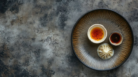 This stunning image features a plate of dumplings accompanied by sauces, showcasing elegant food presentation against a textured background, perfect for culinary inspiration.の素材