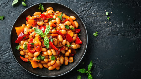 A vibrant bean salad featuring white beans, colorful bell peppers, and fresh basil, perfect for a healthy meal or colorful side dish.の素材