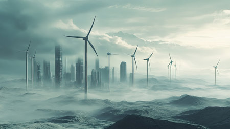 This captivating image showcases a futuristic city skyline shrouded in mist, with wind turbines standing tall in the foreground, evoking themes of sustainability and innovation.の素材