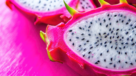 Discover the stunning beauty of bright pink dragon fruit slices on a colorful background, showcasing its unique texture and vibrant colors, perfect for tropical recipes.の素材