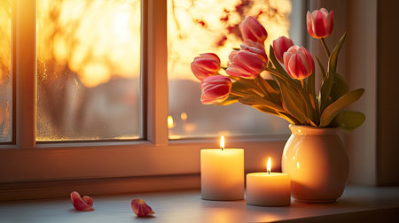 A serene sunset view featuring a bouquet of tulips and two lit candles on a windowsill. This scene evokes warmth, tranquility, and cozy evenings at home.の素材