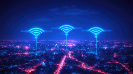Explore a captivating night cityscape featuring glowing Wi-Fi signals rising above an illuminated urban landscape, symbolizing modern connectivity and technology.の素材
