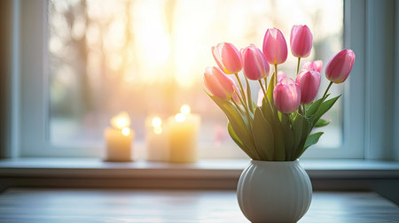 A stunning arrangement of pink tulips in a white vase, beautifully lit by soft morning sunlight, creating a serene and elegant home atmosphere with candles.の素材
