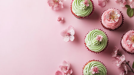 Explore the delightful arrangement of floral cupcakes on a soft pink backdrop. The vibrant colors and delicate cherry blossoms create a charming springtime treat.の素材