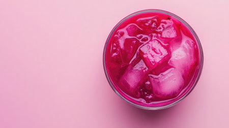 A refreshing pink beverage filled with ice cubes sits in a clear glass against a soft pink background, perfect for summer gatherings or relaxation moments.の素材