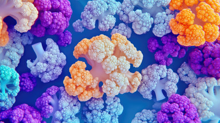 Stunning digital illustration of vibrant coral structures in various colors against a blue background, ideal for designs focused on nature and surreal beauty.の素材