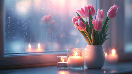 A beautiful arrangement of pink tulips in a white vase on a windowsill, paired with glowing candles and a rainy backdrop, creating a serene atmosphere.の素材
