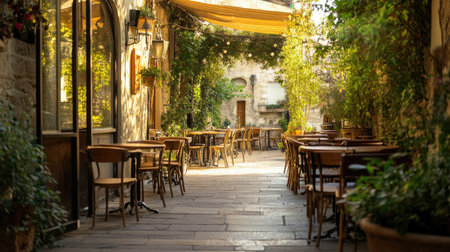 A tranquil outdoor dining area showcasing wooden tables and chairs surrounded by lush greenery, perfect for a relaxing meal in nature's embrace.の素材