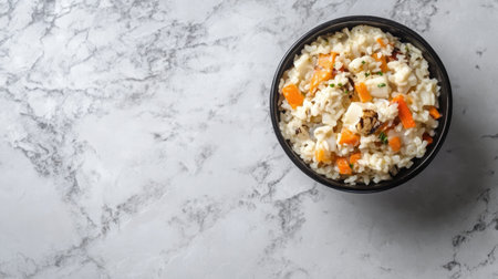 A vibrant rice bowl filled with fresh vegetables sits atop a stylish marble surface. Perfect for healthy meals, this image showcases colorful ingredients.の素材