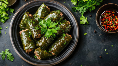 A stunning plate of stuffed grape leaves garnished with fresh herbs showcases the rich flavors and textures of Mediterranean cuisine, perfect for any meal.の素材