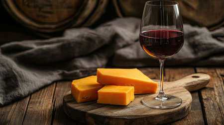 A sophisticated arrangement featuring a glass of red wine alongside slices of rich yellow cheese on a rustic wooden platter, perfect for gourmet dining or celebration.の素材