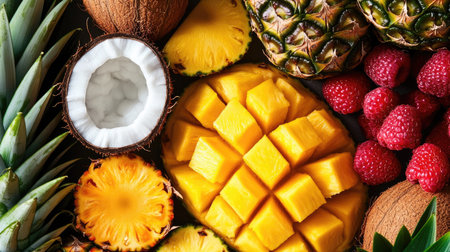 A visually appealing arrangement of fresh tropical fruits including pineapple, mango, coconut slices, and raspberries. Ideal for culinary or health themes.の素材