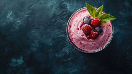 A delicious and vibrant berry smoothie served in a glass bowl, topped with fresh mint and mixed berries. Perfect for a healthy snack or breakfast option.の素材