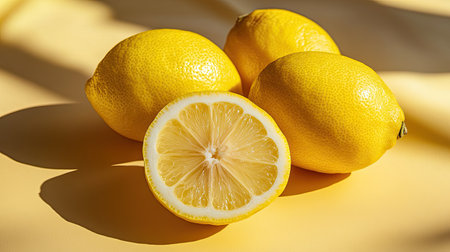 This image captures fresh lemons on a vibrant yellow background. The natural lighting creates soft shadows, highlighting the juicy texture and the vibrant color of the fruit. Perfect for culinary themes.の素材