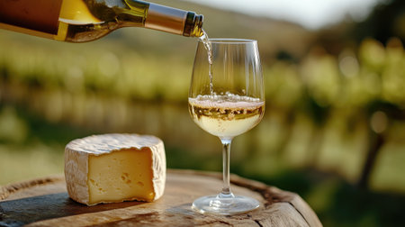 A serene scene featuring white wine being poured into a glass beside creamy cheese on a rustic barrel, set against a picturesque vineyard background. Enjoying a culinary delight in nature.の素材