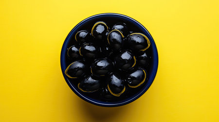A vibrant image featuring black olives in a blue bowl against a striking yellow background. Perfect for culinary projects and healthy food displays.の素材