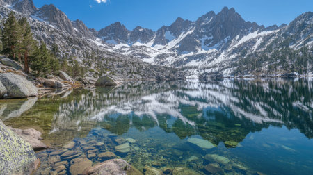 A breathtaking mountain landscape showcasing a pristine lake, where towering peaks reflect perfectly in calm waters. Ideal for nature and adventure themes.の素材