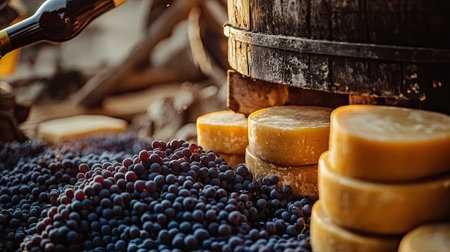 Discover the art of winemaking featuring fresh grapes and cheese alongside a rustic wooden barrel. This imagery captures the essence of nature's abundance.の素材
