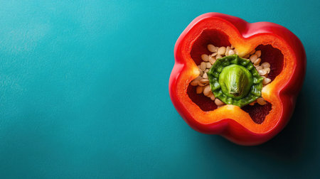 A vibrant red bell pepper cut open to reveal its seeds and interior on a striking teal background. Perfect for food photography and healthy cooking themes.の素材