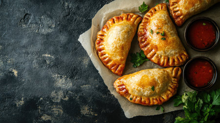 Enjoy a vibrant display of handcrafted empanadas paired with dipping sauces. Perfect for appetizers or snacks, featuring a golden crispy texture and fresh herbs.の素材