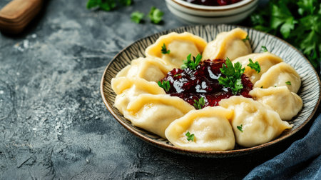 A plate of traditional dumplings served with berry sauce highlights a rustic dining experience. Ideal for culinary enthusiasts seeking comfort food inspiration.の素材