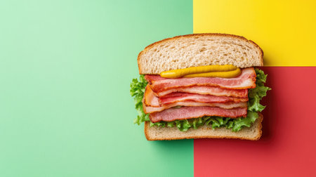 Enjoy this mouthwatering bacon sandwich featuring crispy bacon, fresh lettuce, and a drizzle of mustard, set against a vibrant colorful background.の素材