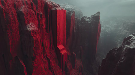 A mesmerizing red landscape featuring towering rock formations shrouded in mist. This dramatic scene invites viewers to explore its surreal beauty and depth.の素材