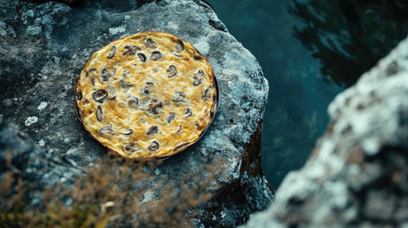 This image features a rustic pie resting on a stone by water's edge, evoking a natural stillness. The golden crust is inviting, showcasing flavors of the outdoors.の素材