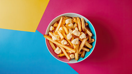 A vibrant bowl of delicious poutine featuring crispy fries topped with white cheese curds, perfect for a colorful meal or snack experience.の素材