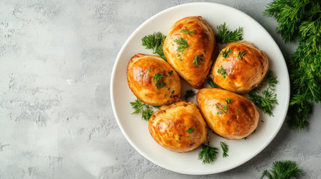 This image showcases freshly baked golden pastries garnished with green herbs on a white plate, ideal for food-related projects and culinary inspirations.の素材