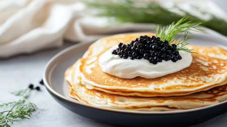 A delightful image of fluffy pancakes topped with creamy sauce and caviar, garnished with fresh herbs, showcasing an elegant breakfast or brunch setting.の素材