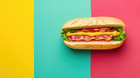 A mouthwatering hot dog topped with bacon, mustard, and fresh vegetables sits against a vibrant, colorful background, perfect for food lovers and summer gatherings.の素材