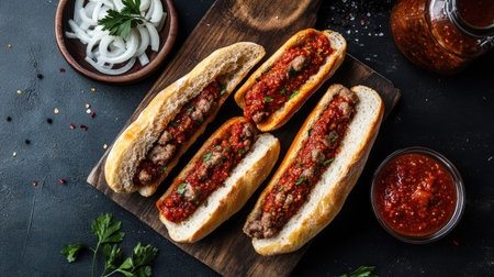 Enjoy this mouthwatering scene featuring homemade hot dogs topped with rich tomato sauce, fresh onions, and parsley, perfect for any gathering.の素材