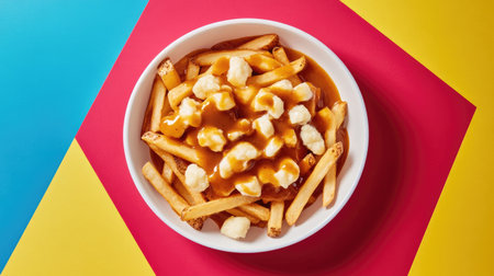A vibrant bowl of crispy french fries smothered in rich gravy and topped with cheese curds, perfect for indulgence any time of the day.の素材