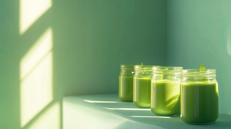 A serene arrangement of fresh green smoothies in glass jars, placed on a soft green surface adorned by gentle sunlight and shadows, highlighting nutrition and wellness.の素材
