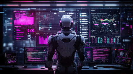 A futuristic robot stands before multiple glowing screens, immersing itself in a high-tech environment. The neon lights enhance the atmosphere of data analysis and digital innovation.の素材