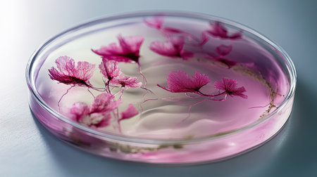 A stunning close-up of delicate pink petals suspended in a petri dish, showcasing intricate details against a soft blue background, perfect for scientific and artistic themes.の素材