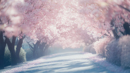 This enchanting scene features a serene pathway lined with blooming cherry trees, creating a tranquil and picturesque atmosphere perfect for springtime enjoyment.の素材